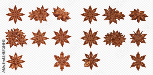 Collection of isolated star anise spice pods on a transparent background, perfect for culinary designs and festive decorations.