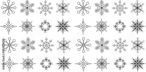 Collection of intricate black snowflakes on white background