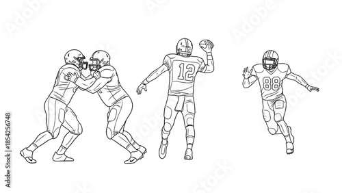 Dynamic Football Action: Pair Tackling, Quarterback Throw, and Fast Receiver Sprinting on Field During Game