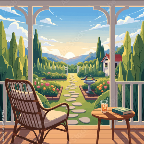 Wicker Chair on Wooden Porch Deck.