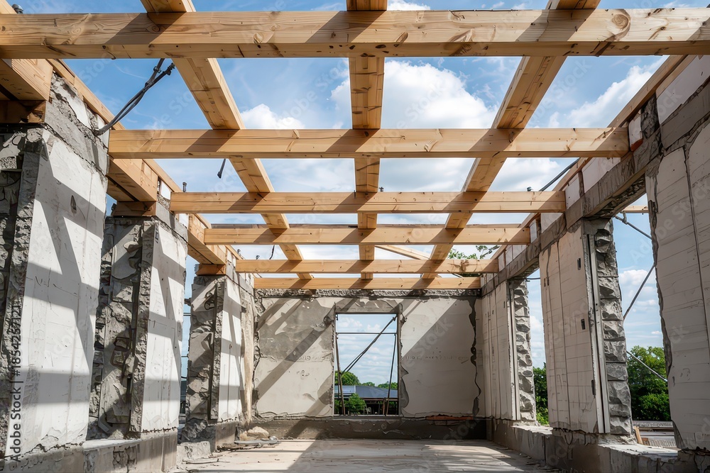 Obraz premium Wooden framework of a building under construction.