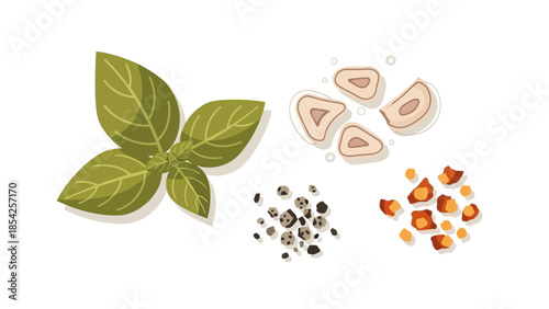 Fresh Herbs and Spices Basil, Garlic, Pepper and Chili Flakes, for Culinary Creativity