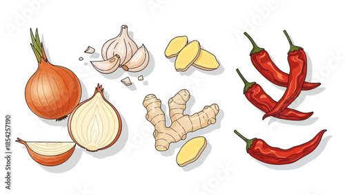 Fresh Ingredients Onion, Garlic, Ginger, and Chili Peppers, a vibrant illustration of culinary essentials