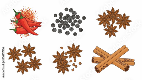 Assorted Spices Chili Peppers, Black Peppercorns, Star Anise, and Cinnamon Sticks