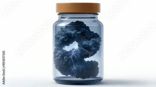 Storm cloud captured in glass jar with lightning strikes