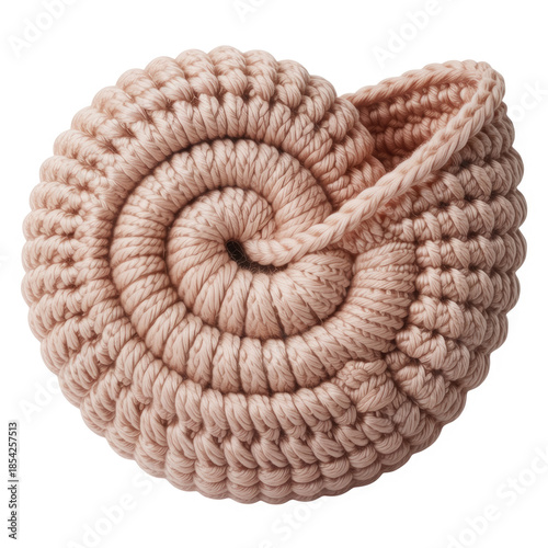 Crochet seashell plush, handmade amigurumi coastal decor isolated on white background