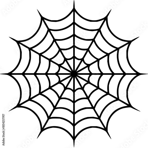 A detailed black and white illustration of a spider web, showcasing its intricate radial and spiral patterns