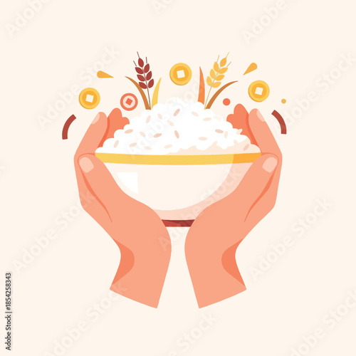Hands holding bowl of rice grains.