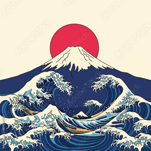 Large ocean wave crashing mountain sunset.