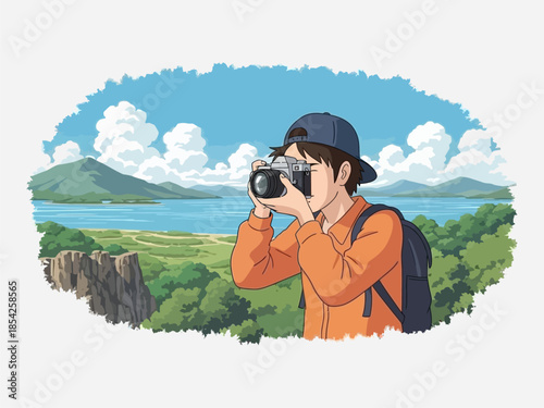 Man Taking Photo with Camera Outdoors.