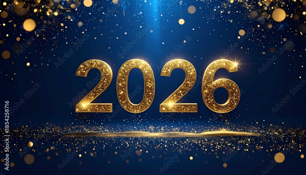 Fototapeta premium Sparkling Gold 2026 New Year Numbers on Deep Blue Stage with Spotlight and Festive Glitter Bokeh