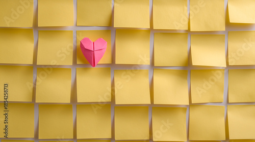 Yellow sticky notes on the wall with a pink origami heart standing out among them all. Love concept in the office