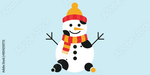 Whimsical stylized snowman character wearing a colorful winter hat and scarf, cute festive holiday vector illustration on blue background