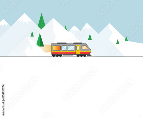 Modern commuter train traveling through a winter mountain landscape with snow capped peaks and green pine trees, flat vector illustration