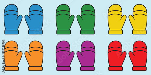 Set of colorful winter mittens in various bright colors including red blue green and yellow, collection of cold weather apparel icons