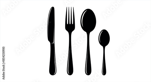 Black Silhouette Vector Icons of Kitchen Cutlery Set Including Knife Fork and Spoons