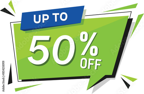 Half price sale promotion banner with up to 50 percent off text, bold commercial graphic for retail clearance and special deals