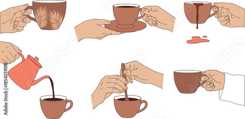 Vector Illustration Set of Hands Holding Pouring and Stirring Coffee or Tea in Ceramic Cups