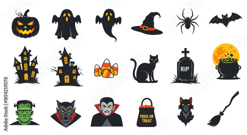Extensive Set of 15 Bold Graphic Halloween Festivity Vector Silhouettes with Spooky Colors. transparent svg.