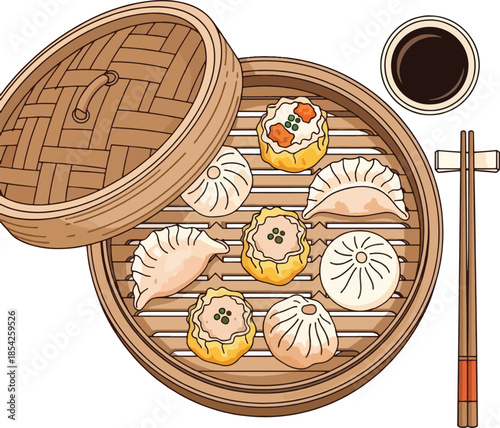 Steamed dumplings in bamboo steamer basket.