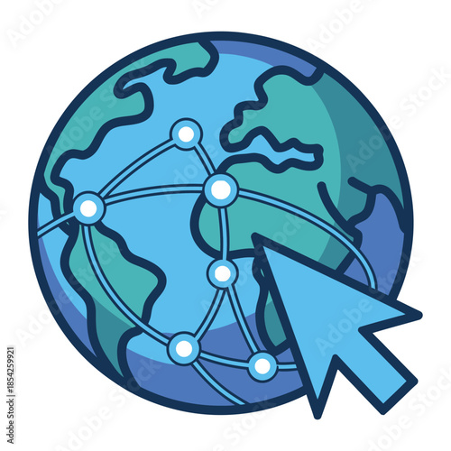A globe with network lines and connected nodes, featuring a prominent blue cursor pointing towards world map, symbolizing global connectivity and internet browsing on a digital earth