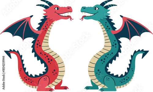 Two cartoon dragons facing each other.