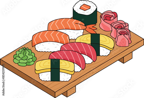 Variety of sushi on wooden board.
