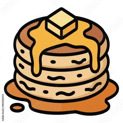 Delicious stack of three fluffy pancakes drizzled with golden syrup and topped with a square pat of butter on a clean white background