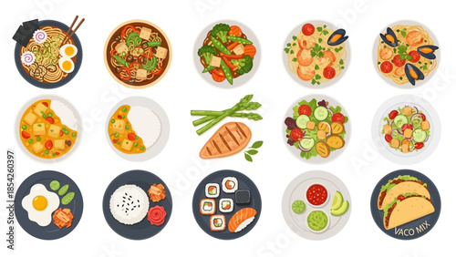 Diverse Dishes A Colorful Culinary Collection of Global Cuisines, Appetizing Meals, and Fresh Ingredients