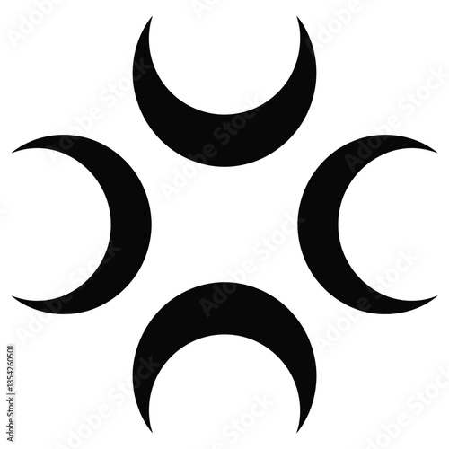 Four crescent moons forming cross shape black and white symbol design geometric decorative element abstract illustration minimal modern art isolated background