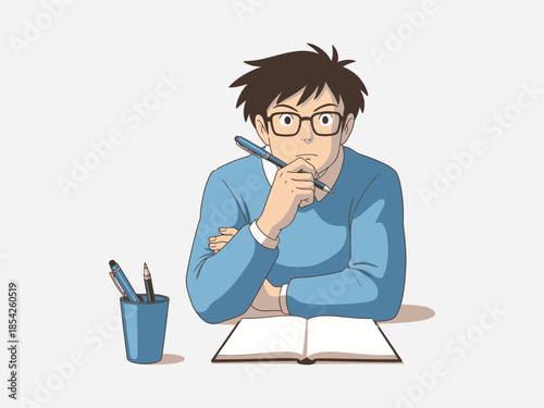 Thoughtful young man studying with pen.