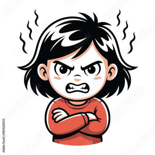 Furious little girl with crossed arms and clenched teeth shows anger, frustration, and bad mood, smoke rising from her head, cartoon vector illustration with clear background