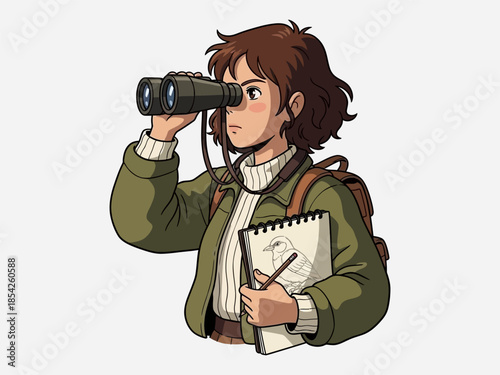 Woman Observing Through Binoculars with Notebook.