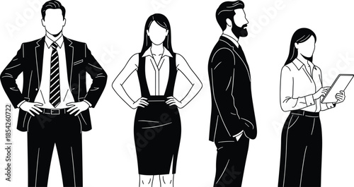 Business, professionals, black, white, silhouette, corporate, team, office, attire, suit, tablet, confident, posture, vector, illustration, workplace, formal, standing, people, design, concept