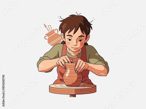 Young Pottery Artist Creating Ceramic Vessel.