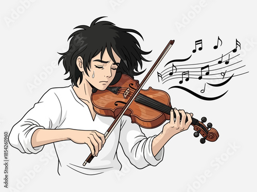 Young Man Playing Violin with Passion.