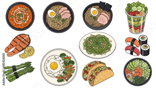 A Colorful Array of Delicious Dishes From Ramen to Tacos, a Feast for the Eyes