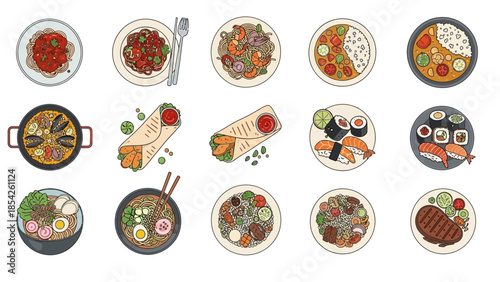 Diverse Culinary Delights A Top-Down View of Delectable Dishes from Around the World