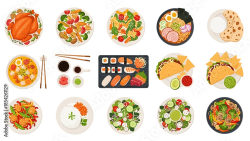 Assortment of Delicious Meals A Top-Down View of Various Dishes, Ideal for Culinary Concepts