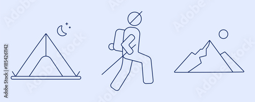 Editable Stroke Line Vector Icons of Hiking Adventure with Tent, Hiker, and Mountain