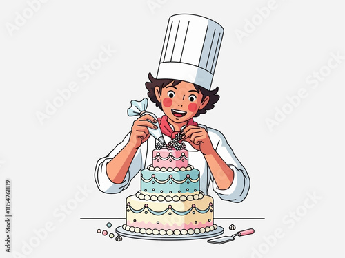 Cartoon Chef Decorating a Multi Layer Cake.