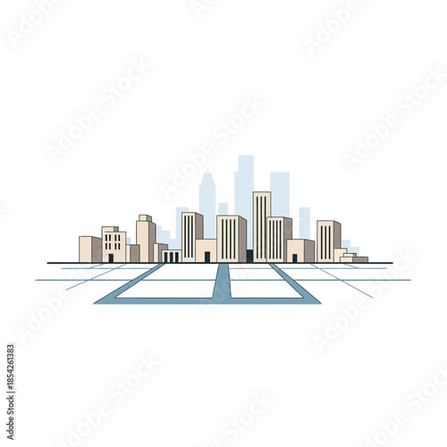 Cityscape Illustration with Modern Buildings and Roads.