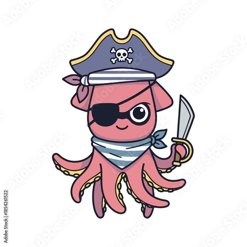 Cartoon Octopus Pirate Character with Sword.