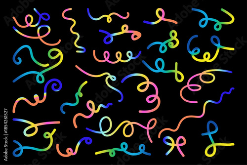 Abstract Rainbow Gradient Squiggle Lines on Black Background, Colorful Curved Doodle Strokes, Modern Neon Scribble Shapes for Creative Design, Posters, Wallpapers, Branding, and Digital Art