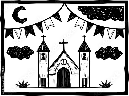 Folk Art Church Illustration with Banners and Moon. Woodcut style