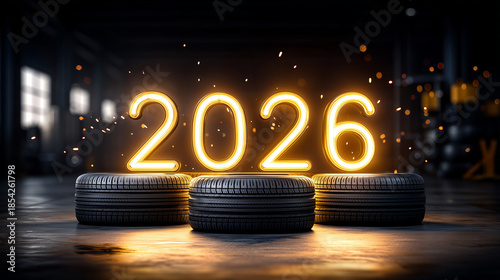 A dramatic and modern New Year 2026 automotive concept featuring illuminated glowing numbers 
