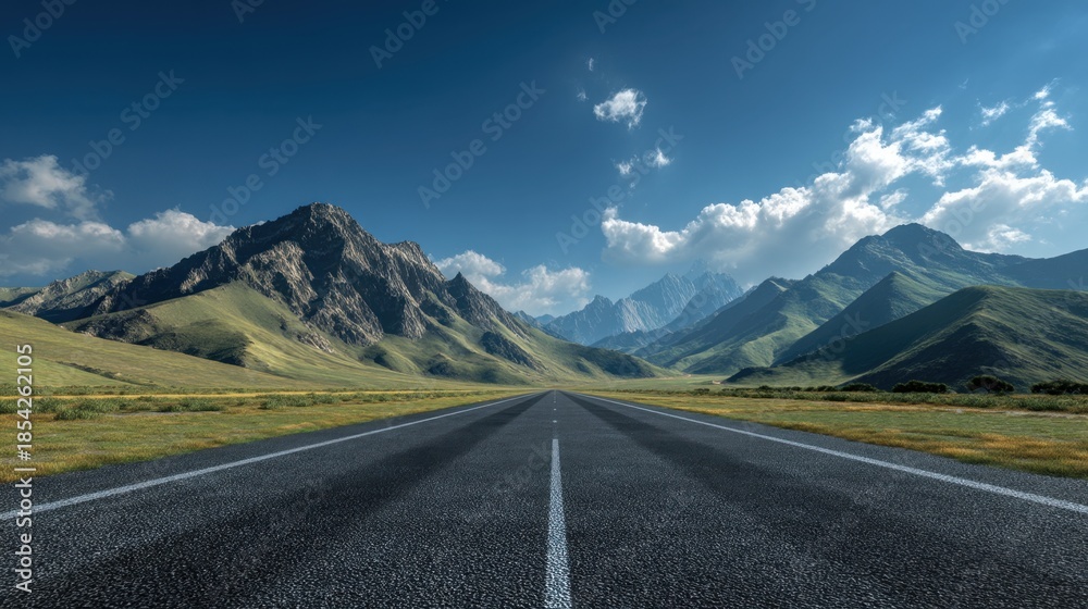 Naklejka premium A straight road leads into the mountains with green grass and rocky peaks. The sky is clear with a few clouds. It looks like daytime in a rural area.