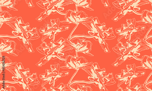 Elegant coral and cream floral pattern.  A seamless design featuring stylized peony blossoms, perfect for textile prints, wallpaper, and website backgrounds.
