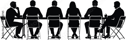 Business, meeting, silhouettes, people, sitting, table, discussion, teamwork, collaboration, conference, office, professionals, management, corporate, group, isolated, white, background, concept