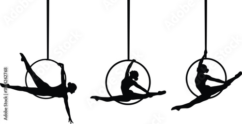Aerial, hoop, dance, silhouettes, acrobatics, gymnastics, flexibility, strength, performance, motion, circus, art, balance, elegance, isolated, white, background, fitness, concept